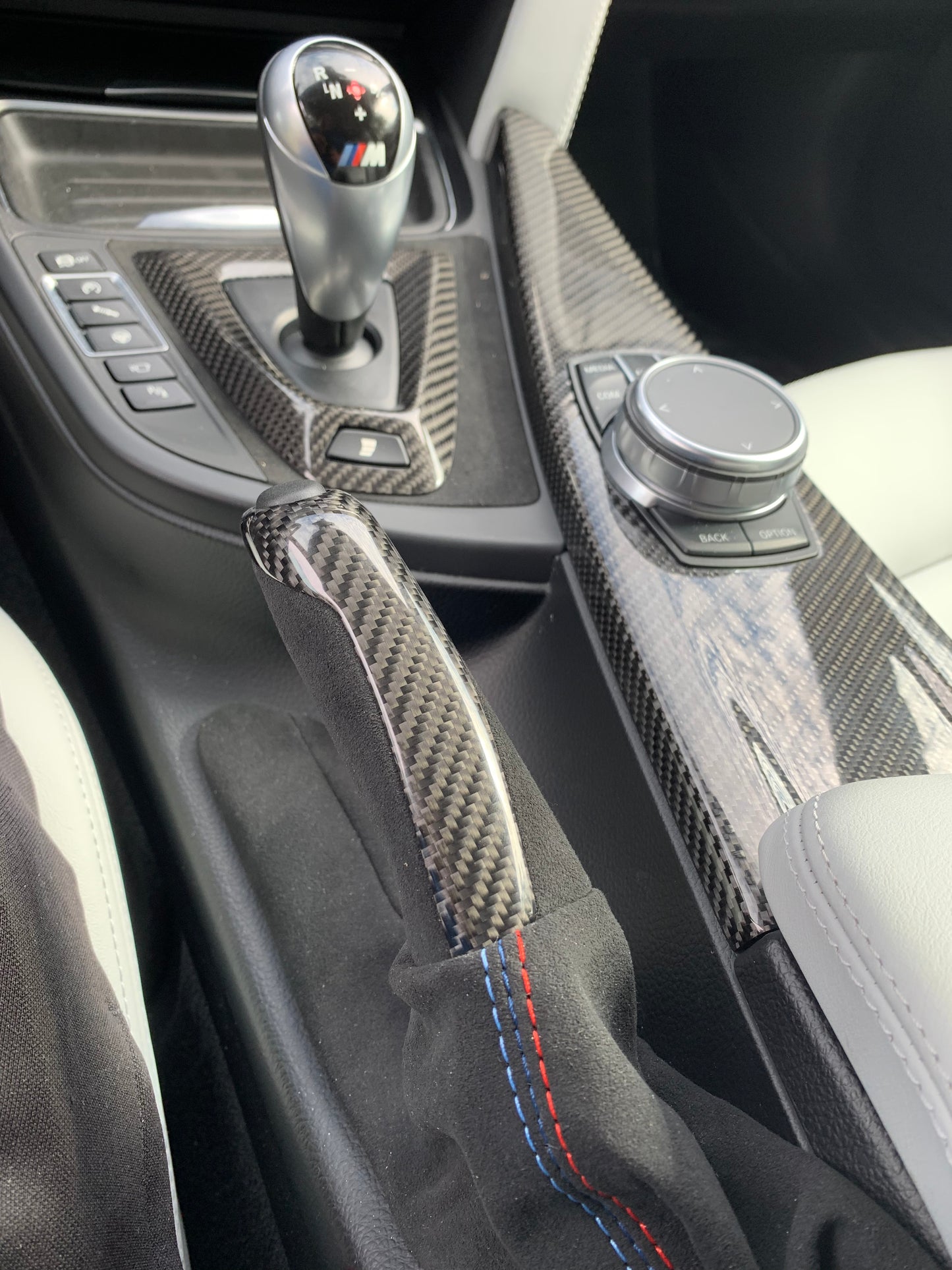 BMW Carbon Fiber Parking Brake Handle - Alcantara W/ Tri-Color Stitching - F80 M3, F82 M4